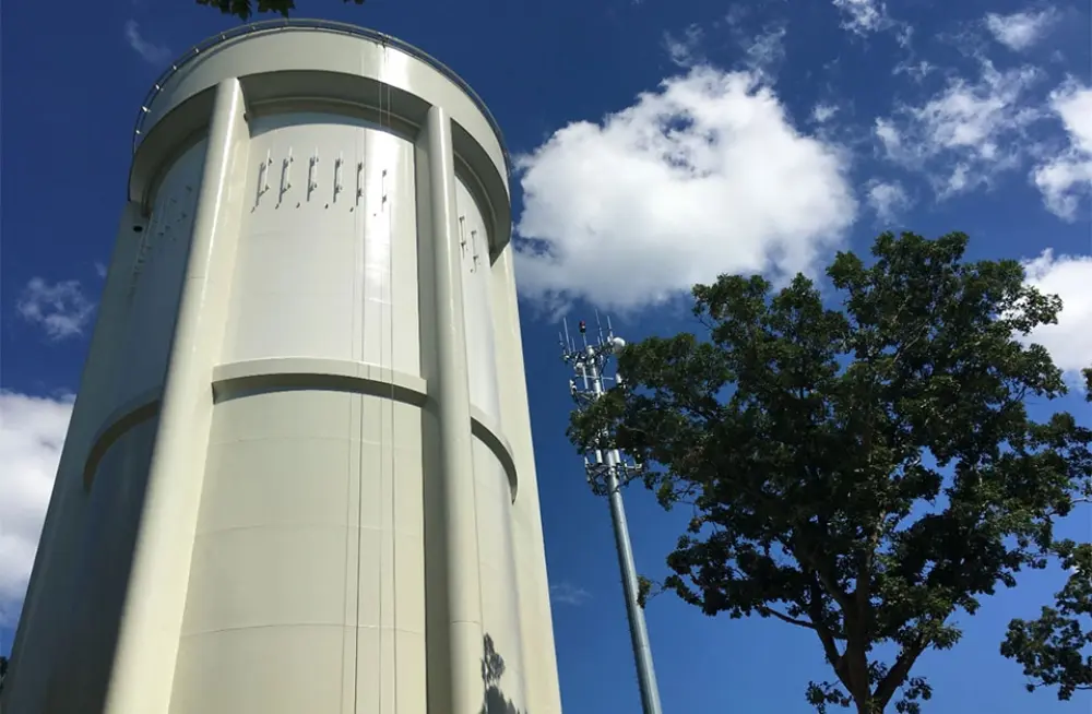 image a dual zone tank with architecturally pleasing pilasters to hide ladders, mechanical and electrical.