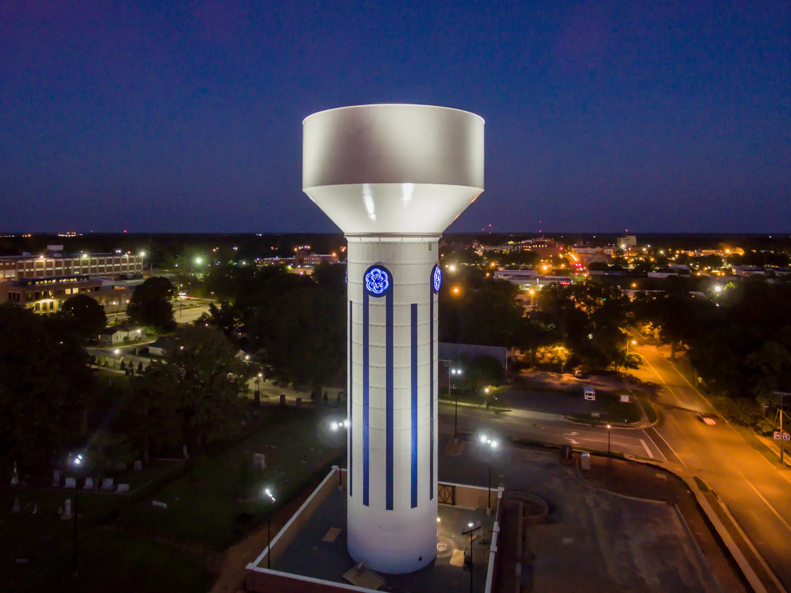 image of a Composite Elevated Water Tower with multi-colored lighting system.