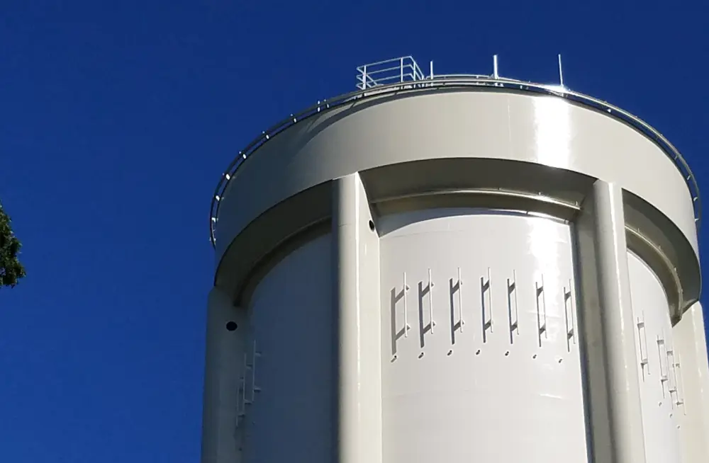 image a dual zone tank with architecturally pleasing pilasters to hide ladders, mechanical and electrical.