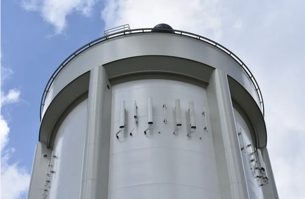 image a dual zone tank with architecturally pleasing pilasters to hide ladders, mechanical and electrical.