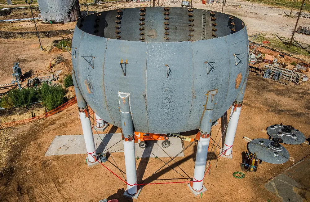 image of isobutane storage sphere under construction.
