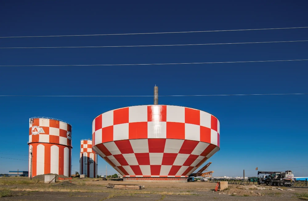 image of red and white checkered coating on composite elevated tank.