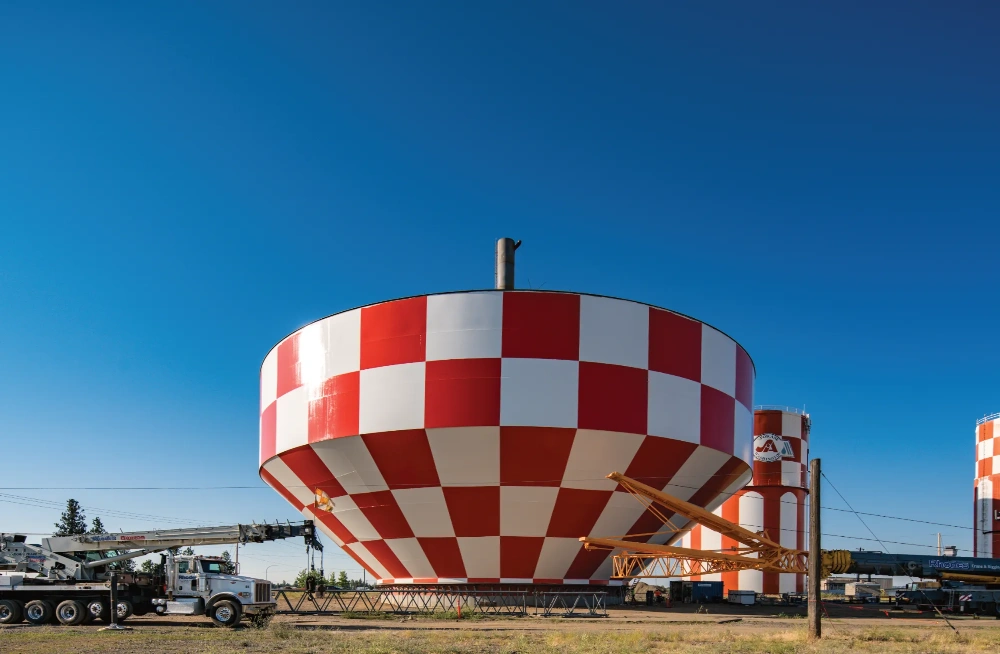 image of red and white checkered coating on composite elevated tank.