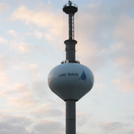 Spheroid Elevated Tank an image of a spheroid elevated tank with Lake Travis painted on it